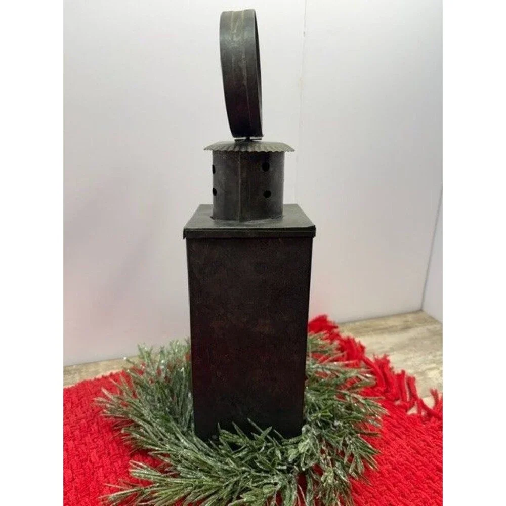 VINTAGE PRIMITIVE TIN CANDLE LANTERN WITH HANDLE 14